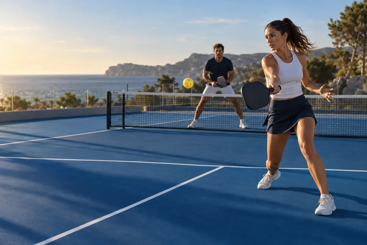 Pareja jugando al pickleball en una pista junto al mar