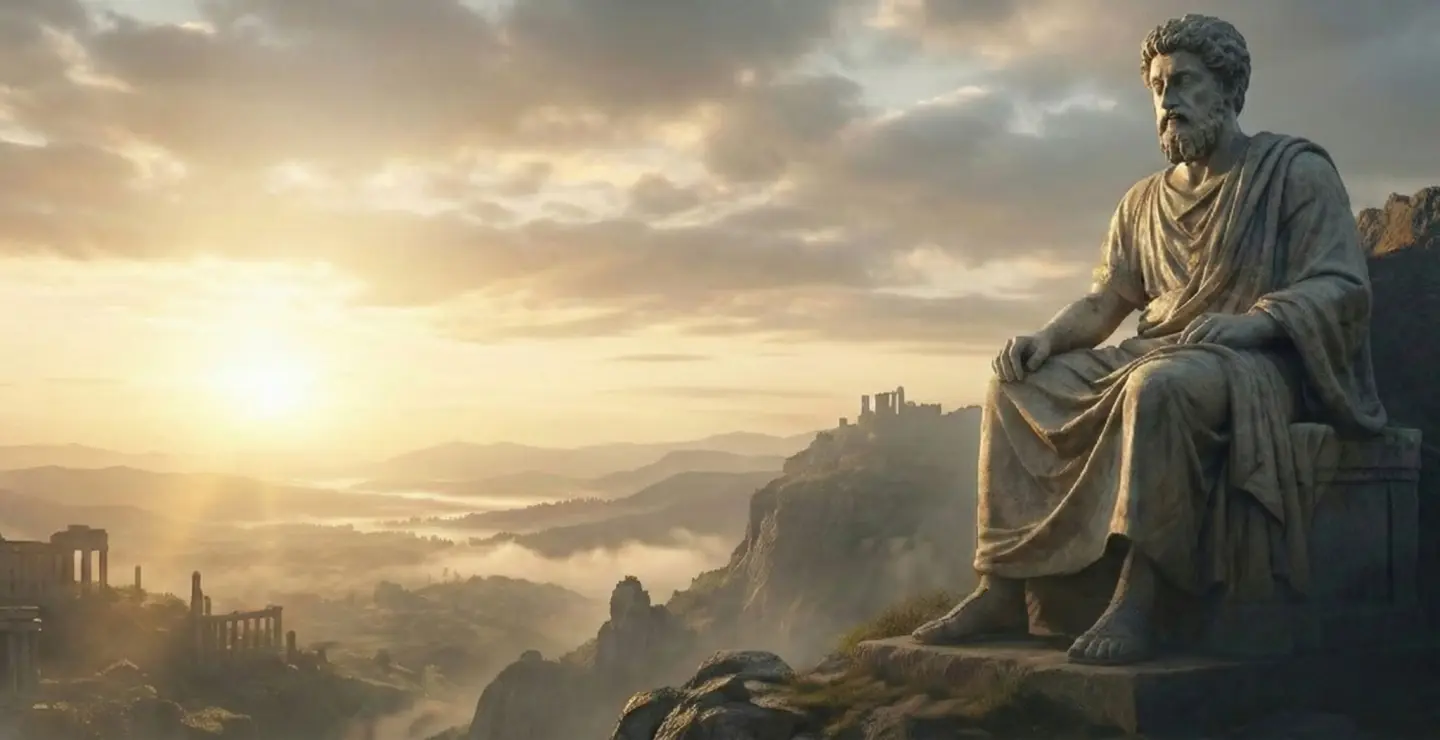 Paisaje clásico de Colossia con una estatua estoica al amanecer