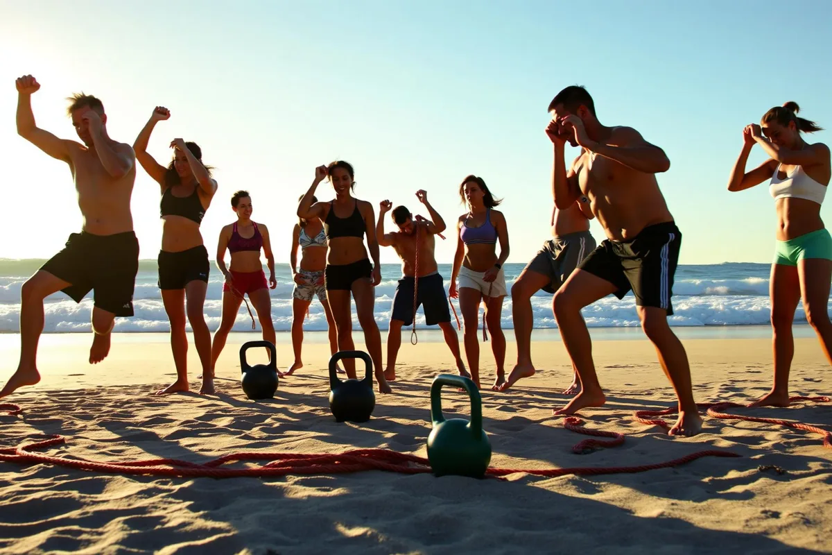 Grupo realizando un entrenamiento funcional en la playa