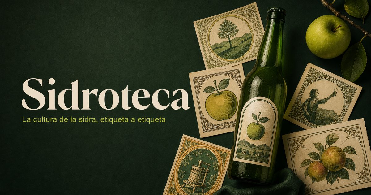 Imagen principal de Sidroteca con botella de sidra y etiquetas ilustradas