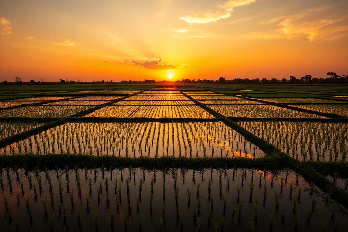 Arrozales inundados del Valle del Arroz al atardecer